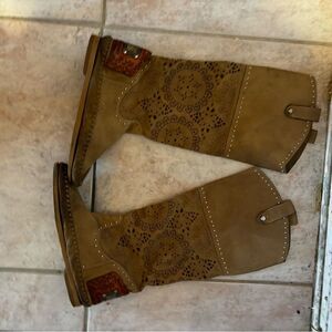 Karma & Charm moccasin knee high boots cutout cowboy shoes logo flats y2k